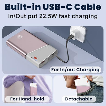 Aaoyun Portable Charger Power Bank, 20000mAh 22.5W PD Fast Charging Powerbank with Built-in USB C Cable, External Phone Battery Pack for iPhone 17/16/15 Samsung S24 Android etc, Pink - color: Pink-20000mah