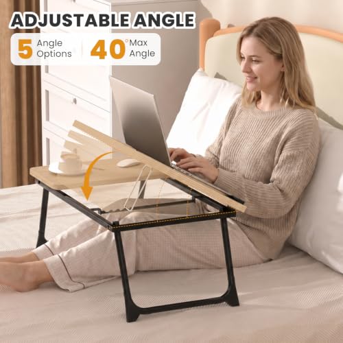Laptop Bed Desk, 5-Angle Adjustable Bed Laptop Table with Cup Holder | Foldable Laptop Stand for Couch & Sofa, Portable Laptop Tray for Adults Writing Reading Eating, Walnut - color: Wlanut