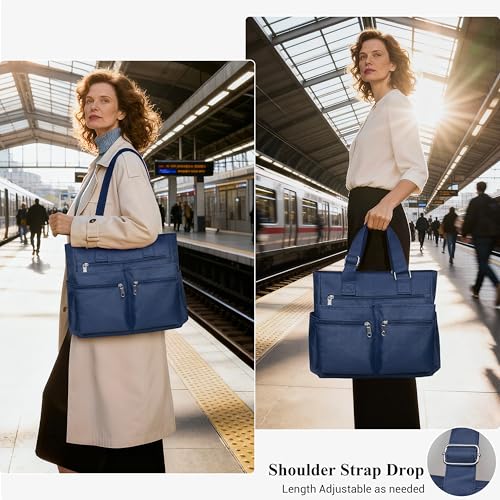 VOLGANIK ROCK Canvas Tote Bag Waterproof Nylon Multi Pocket Shoulder Bags Laptop Work Bag Teacher Purse Handbag for Women Men - color: Blue