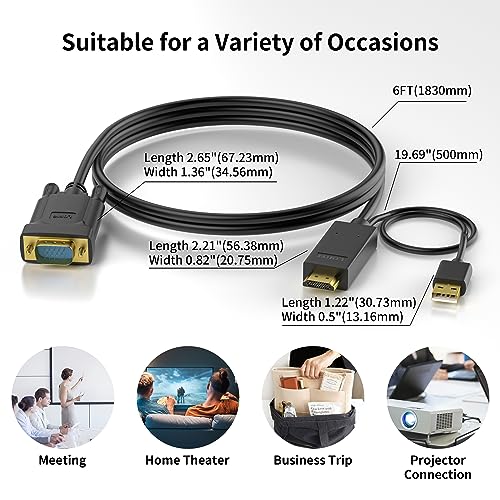HDMI to VGA Cable 6FT, Uni-Directional HDMI to VGA Cable with USB Power(Male to Male), Compatible for Mac mini, MacBook Pro, Blu-ray Player, Computer, Desktop, Laptop, PC, Monitor, Projector, HDTV