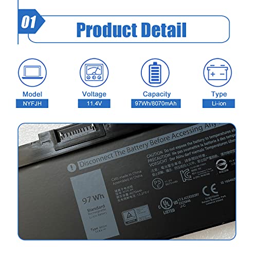 97Wh NYFJH Laptop Battery Replace for Dell Precision 7530 7730 7540 7740 Mobile Workstation P74F P74F001 P74F002 P34E P34E001 P34E002 Series Notebook 0WNRC 00WNRC GW0K9 0GW0K9 11.4V 8070mAh - size: 13.07*3.07*0.38 inch NYFJH