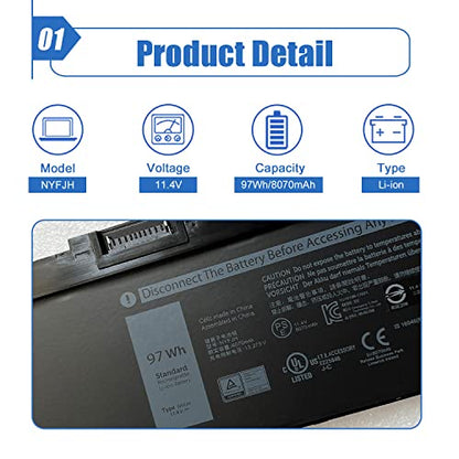 97Wh NYFJH Laptop Battery Replace for Dell Precision 7530 7730 7540 7740 Mobile Workstation P74F P74F001 P74F002 P34E P34E001 P34E002 Series Notebook 0WNRC 00WNRC GW0K9 0GW0K9 11.4V 8070mAh - size: 13.07*3.07*0.38 inch NYFJH