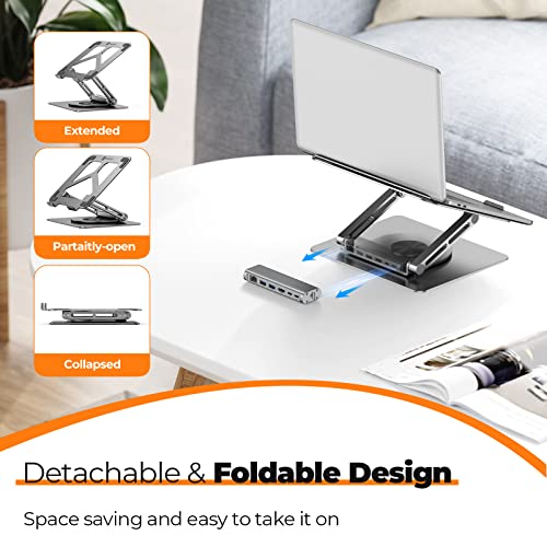 Tobenone Laptop Docking Station Stand for MacBook Pro/Air/Dell/HP/Surface/Lenovo, Mac Docking Station with 4K HDMI, USB 3.0, RJ45, PD 3.0, USB C Laptop Stand Hub for Desk with 360 Rotating Base Grey