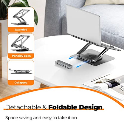 Tobenone Laptop Docking Station Stand for MacBook Pro/Air/Dell/HP/Surface/Lenovo, Mac Docking Station with 4K HDMI, USB 3.0, RJ45, PD 3.0, USB C Laptop Stand Hub for Desk with 360 Rotating Base Grey