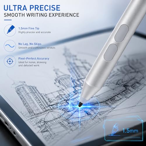 Pen for Surface Pro 11/10/9/8/X, Surface Laptop/Book/Go/Studio, Kobo | Palm Rejection, 1024 Pressure, 2500H Battery Life Active Stylus Pencil for Student Note-Taking & Artist Business Drawing - color: Silver