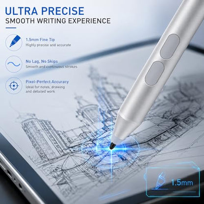 Pen for Surface Pro 11/10/9/8/X, Surface Laptop/Book/Go/Studio, Kobo | Palm Rejection, 1024 Pressure, 2500H Battery Life Active Stylus Pencil for Student Note-Taking & Artist Business Drawing - color: Silver