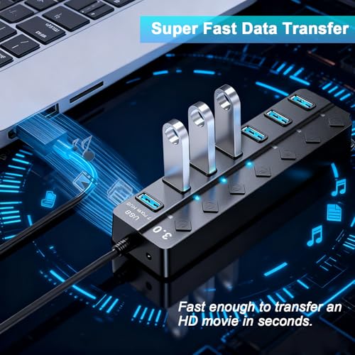 USB Hub 7 Port,USB 3.0 Hub Splitter with Individual On/Off LED Switches and Lights,USB Hub Compatible with MacBook,5Gbps HighSpeed Data for Laptop,Mac,PC,Desktop,PS5,Xbox and Flash Drive, Mobile HDD - style: USB 3.0