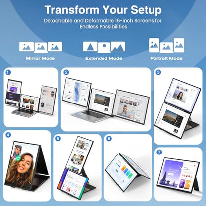 FLYTOCCA 16" Laptop Screen Extender, Updated 1200P FHD Portable Monitor with 16:10 Aspect Ratio Screen, Rotation Detachable Screen, Laptop Monitor Extender Compatible with Windows, Mac, Chrome