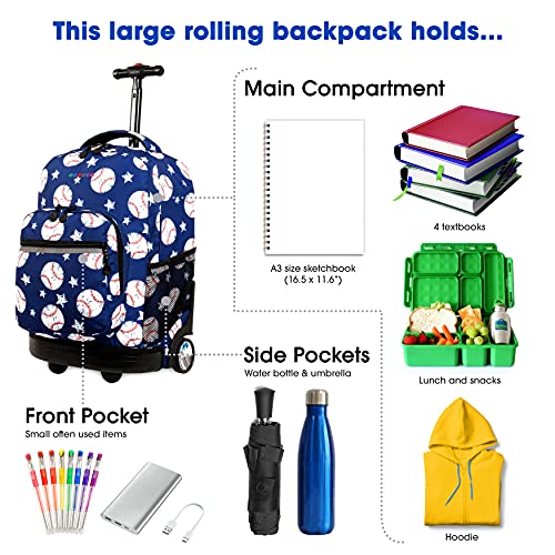 J World Sunrise Kids Rolling Backpack with Wheels for Girls Boys, Roller Bookbag for School, 18 x 13 x 9 Inches, Baseball - color: Baseball
