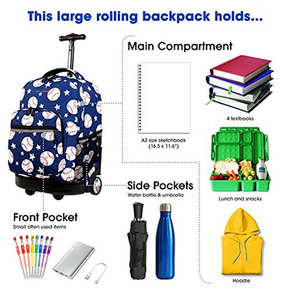 J World Sunrise Kids Rolling Backpack with Wheels for Girls Boys, Roller Bookbag for School, 18 x 13 x 9 Inches, Baseball - color: Baseball