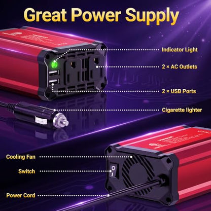 300W Car Power Inverter - vansoet DC 12V to 110V AC(2 Outlets) Power Inverters with 3.4A Dual USB Fast Charging Port - Car Charger Cigarette Lighter Adapter for Laptop/Phone/Road Trip (Red) - color: Deep Red