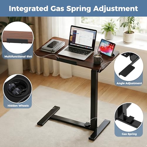 DUMOS Rolling Desk, Laptop Desk, Overbed Table with Wheels | Mobile Overbed Bedside, Portable Computer Workstation, Bed Sofa Couch, Adjustable Height, Chocolate - color: Chocolate