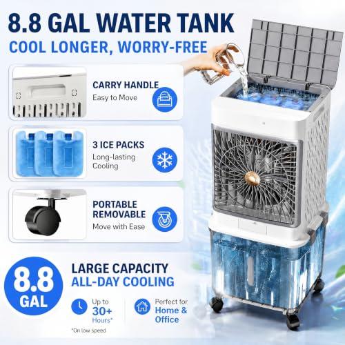 Upgraded Protable Evaporative Cooler 8.8 Gallon Cooler with Detachable Tank | Swamp Cooler with 120° Oscillation, 7-Hour Timer, Remote Control, Detachable Tank, Easy Clean for Bedroom Garage