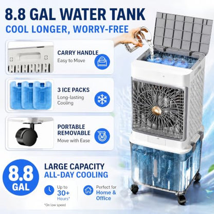 Upgraded Protable Evaporative Cooler 8.8 Gallon Cooler with Detachable Tank | Swamp Cooler with 120° Oscillation, 7-Hour Timer, Remote Control, Detachable Tank, Easy Clean for Bedroom Garage