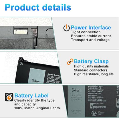 54Wh R73TC DR02P Battery Replacement for Dell Latitude 3340 5340 5350 5440 5540 7455 Latitude 5340 2-in-1 5350 2-in-1 Precision 3480 3580 3490 3590 inspiron 14 Plus 7441 P170G P37G Series GRWKG JTG7N - size: 11.61*4.02*0.75inch R73TC