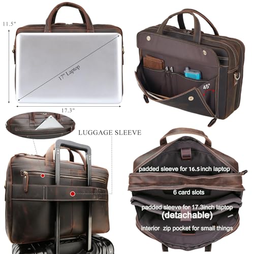 Masa Kawa Leather 15.6" & 17" Laptop Briefcase Men Business Messenger Bag | Full Grain Cowhide Business Travel Office Work Crossbody Shoulder Professional Attache Case for 2 Computers - color: Brown-fits 17" Laptop