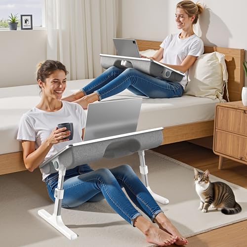 FoldWise 2-in-1 Bed & Lap Desk with Soft Cushion, Adjustable Height & Angle | Wrist Rest, Leather, iPad Holder & Stopper - Foldable Laptop Stand for Bed & Couch, Portable Bed Table Tray for Adults & Kids - color: Gray