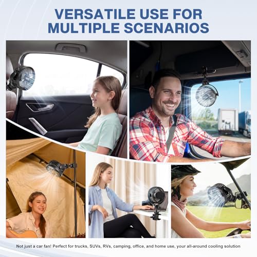 XOOL 12000mAh Rechargeable Clip Car Fan, 6-Inch Battery Operated Car Fan with 3 Speeds & 3 Brightness LED Light, Portable Cooling Fan with Sturdy Clamp for SUV, RV, Golf Cart, Camping - size: Rechargeable Clip Fan - Power Bank