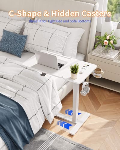 YIHAYO Adjustable Overbed Bedside Table with Wheels, 28 x 16 Inches Electric Mobile Standing Desk, Laptop Desk, Movable Overbed Tables Hospital Home Use, White - color: White Frame/White Top, size: 28*16 Inch