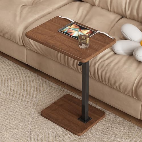 Overbed Table Adjustable Height Density Board Bedside Table, Liftable Computer Desk, The Desktop Swivel and Adjustable, for Bedside, Sofa Side(Brown) - color: Brown