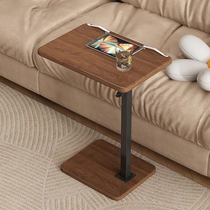 Overbed Table Adjustable Height Density Board Bedside Table, Liftable Computer Desk, The Desktop Swivel and Adjustable, for Bedside, Sofa Side(Brown) - color: Brown