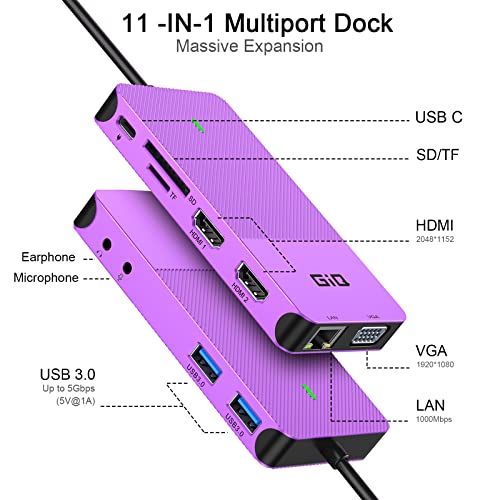 USB Docking Station GIQ USB C HUB USB 3.0 to Dual HDMI VGA Adapter Triple Display USB C Laptop Docking Station Dual Monitor HDMI Splitter Extender Compatible with MacBook M1 M2 M3 M4 M5 USB Dock - color: Purple