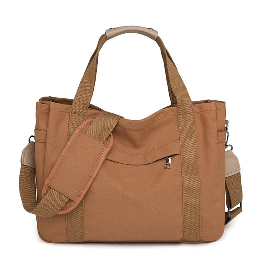 JARKJARD Canvas Crossbody Tote Bag for Women Laptop Work Handbag | Cute Aesthetic Shoulder Messenger Purse with Zipper Pockets and Compartments Great for Daily Travel and Office use - color: Brown
