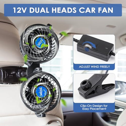 XOOL Clip Car Fan, Adjustable Dual Head 4 Inches 12V Fan for Front/Rear Seat Passenger, 360° Rotatable Electric Car Cooling Fans with Stepless Speed Regulation for SUV, RV, Vehicles - size: Cigarette Dual Fan - Clip
