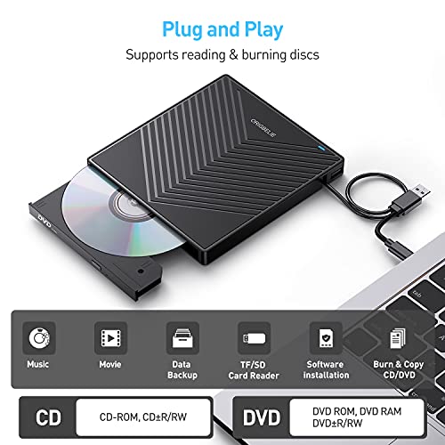 ORIGBELIE External CD DVD Drive, Ultra Slim CD Burner USB 3.0 with 4 USB Ports and 2 TF/SD Card Slots, Optical Disk Drive for Laptop Mac, PC Windows 11/10/8/7 Linux OS - size: 5.6" x 6" x 0.7"