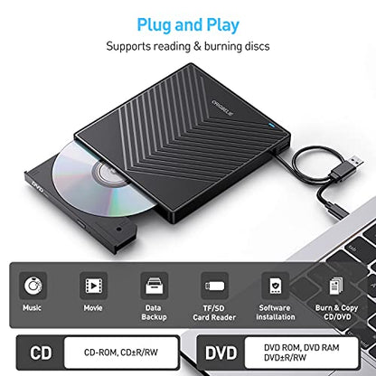 ORIGBELIE External CD DVD Drive, USB 3.0 & 4 USB Ports & 2 TF/SD Card Slots | Ultra Slim CD DVD ROM Player Burner Reader Writer Rewriter Optical Disk Drive for Laptop PC Mac OS Windows 11/10/8/7 Linux - size: 5.6" x 6" x 0.7"