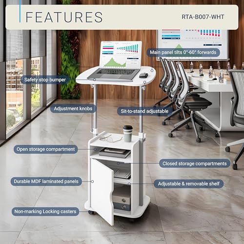 Techni Mobili Adjustable Laptop Cart w/Storage, Rolling Mobile Desk, White | Adjustable laptop cart with storage cabinet, shelf, locking wheels, sit‑stand height for home office, bedside, classroom - color: White