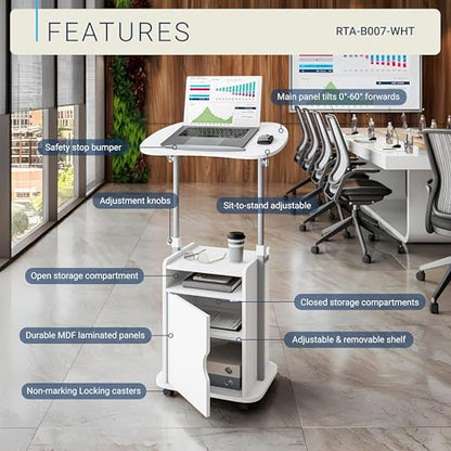 Techni Mobili Adjustable Laptop Cart w/Storage, Rolling Mobile Desk, White | Adjustable laptop cart with storage cabinet, shelf, locking wheels, sit‑stand height for home office, bedside, classroom - color: White