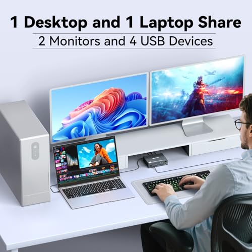 KVM Switch 2 Monitors 1 Desktop and 1 Laptop 4K@60Hz, 7-in-1 Dual Monitor KVM Switch Docking Station, Expand 2 HDMI Displays,4xUSB 3.0,PD 80W, Wired Remote and USB-C Cable Included - color: silver, size: 14 cm