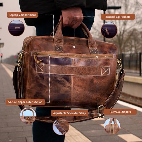 DEBKIN CONNECTED Leather Briefcase 18 inch Laptop Messenger Bag for Men and Women - Best Office Satchel Bag - Top Grain Buffalo Leather Messenger Bag for Men & Women