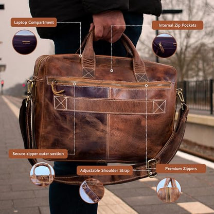 DEBKIN CONNECTED Leather Briefcase 18 inch Laptop Messenger Bag for Men and Women - Best Office Satchel Bag - Top Grain Buffalo Leather Messenger Bag for Men & Women