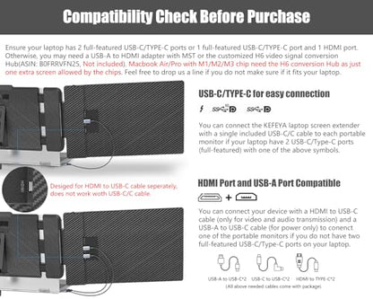 KEFEYA Laptop Screen Extender, 14" Portable Monitor for Laptop, 1440P QHD Triple Screen Monitor Extender for 13"-17" Laptops, HDMI/USB-C for MacBook, Windows, Chrome, Switch, Plug & Play - size: 14.1"