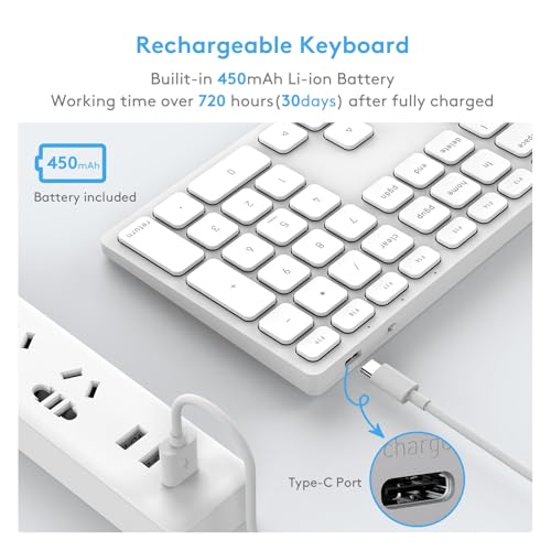Wireless Bluetooth Keyboard with Numeric Keypad for Apple Mac OS | Rechargeable design. Fully compatible with iMac, Mac Mini/Pro, MacBook Air/Pro, iPad.