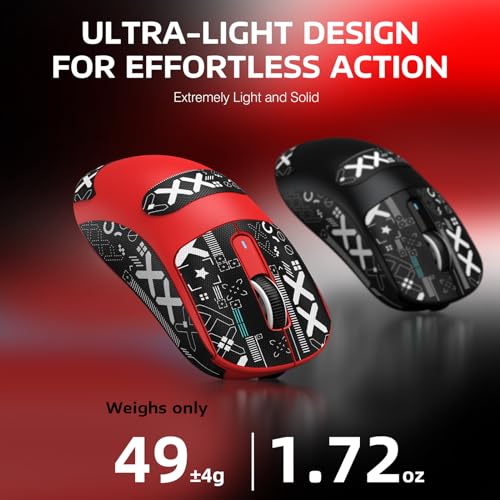 ATTACK SHARK X3 49g Ultra-Lightweight Wireless Gaming Mouse, Red&Tape | Bluetooth 5.2/2.4G Wireless/Wired, PAW3395 Gaming Sensor, 26K DPI, 200h Battery Life, Programmable Buttons for PC/Mac/Win - color: Red & Griptape