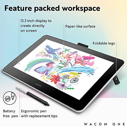 Wacom One HD Creative Pen Display, Drawing Tablet with Screen, 13.3" Graphics Monitor; Works with Mac, PC & Chromebook, Photo/Video Editing, Drawing & Education Old Gen (2019)