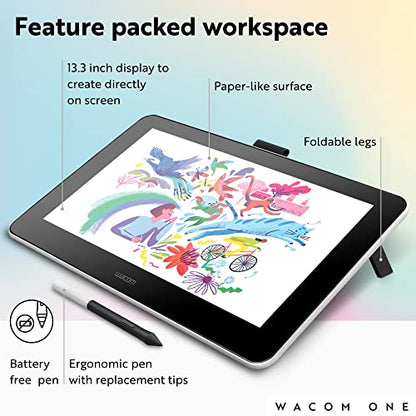 Wacom One HD Creative Pen Display, Drawing Tablet with Screen, 13.3" Graphics Monitor; Works with Mac, PC & Chromebook, Photo/Video Editing, Drawing & Education Old Gen (2019)
