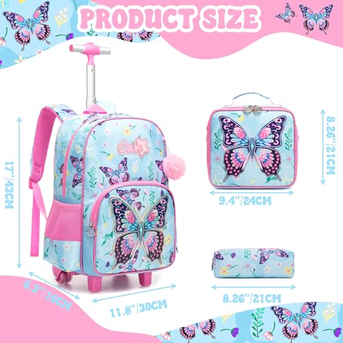 Meetbelify Kids Rolling Backpack with Wheels for Girls Cute Butterfly School Roller Backpack,Carry on Travel Luggage with Lunch Bag and Pencil Case for Girls Ages 5-12 - color: 01 Pink Butterfly