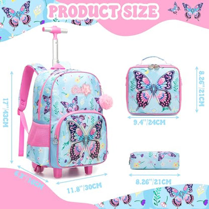 Meetbelify Kids Rolling Backpack with Wheels for Girls Cute Butterfly School Roller Backpack,Carry on Travel Luggage with Lunch Bag and Pencil Case for Girls Ages 5-12 - color: 01 Pink Butterfly