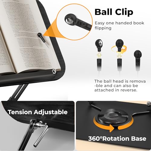 Book Stand for Reading, Adjustable Book Holder with 360° Rotating Bases, Multifunctional Display Stand for Recipe, Cookbooks, Magazines - color: Black Wood