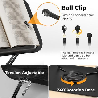 Book Stand for Reading, Adjustable Book Holder with 360° Rotating Bases, Multifunctional Display Stand for Recipe, Cookbooks, Magazines - color: Black Wood