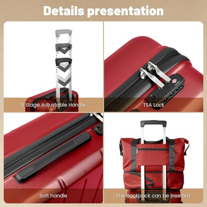 3-Piece Luggage Set, 20" ABS Hardshell Lightweight Suitcase with Smooth Spinner Wheels for Business and Family Travel (Vibrant Red) - color: Burgundy Red, size: 3 Piece Set (20/DB/TB)