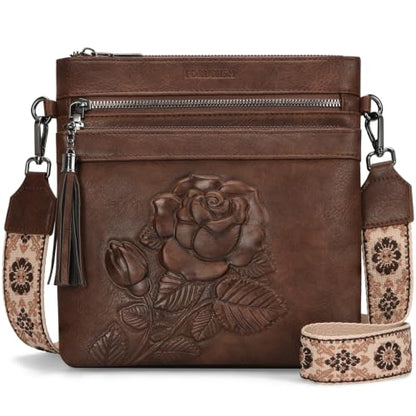 Vegan Leather Purses for Women, Daily Travel Crossbody Bags | Small Multi-Pocket Shoulder Bag with Adjustable Boho Wide Strap - color: Coffee