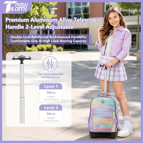 NEW TILAMI 18 Inch Rolling Backpack with Lunch Bag for Girls Boys School | 6-Wheel Stair-Climbing Girls Boys Carry-on Suitcase Water-Resistant Adjustable Trolley Handle Wheels School Travel Camping - color: Mood Map
