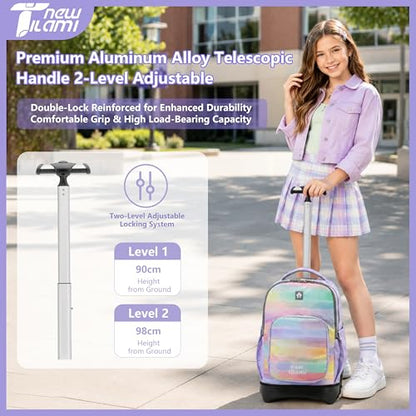 NEW TILAMI 18 Inch Rolling Backpack with Lunch Bag for Girls Boys School | 6-Wheel Stair-Climbing Girls Boys Carry-on Suitcase Water-Resistant Adjustable Trolley Handle Wheels School Travel Camping - color: Mood Map