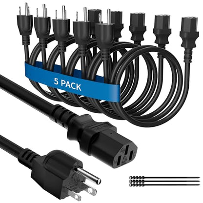 Adoreen Computer TV Monitor Replacement Power Cord 2 Ft/5 Pack, 3-Prong AC Universal Power Supply Cable 5-15P to IEC 320 C13 C14, SJT 18AWG 10A/125V for Treadmill Printer,PC,Desktop+Ties-ETL-Black - size: 2FT, style: 5 Pack