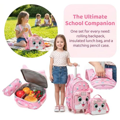 Kids Fluffy Cat Rolling Backpack for Girls, Pink School Bags | Trolley Suitcases Luggage Travel with Wheels Bookbag Wheeled 3PCS Roller Backpacks Set Toddler Back Pack Elementary - color: Pink-0121-maorong-mao
